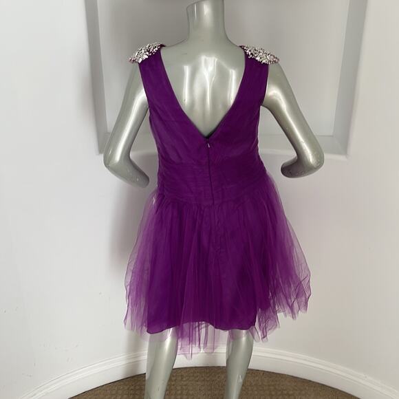 KATHY HILTON Raspberry Fit & Flare Mesh Dress Beads Embellished Shoulder Size 10 - Picture 5 of 14